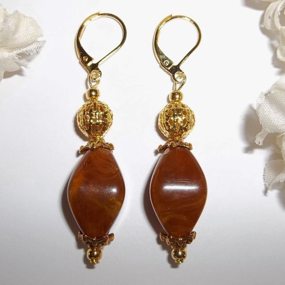 Brown Beaded Earring Set Handmade NWT Jewelry Dangle Drop Gold Toned Pair 4136 - Picture 1 of 7